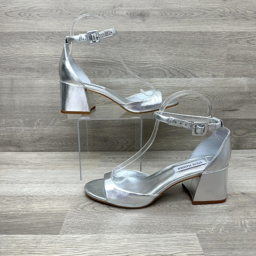 Steve Madden Sandal Shoes Womens Size 8.5M Silver Ella Ankle Strap Block Heel
